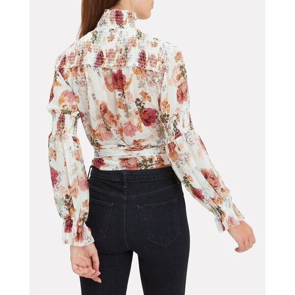 NICHOLAS Womens 2 Sheer Ivory Floral Print Smocked Top Long Sleeve Blouse Shirt - Picture 4 of 16